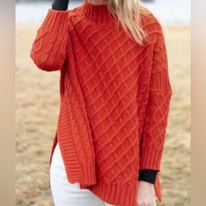Mer Sea Lisbon Traveler Sweater Lattice Knit Mock Neck Paprika Orange One Size